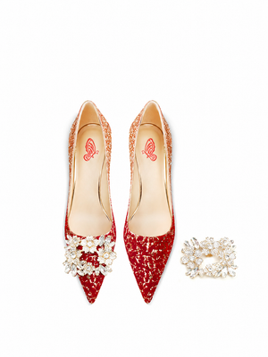 Elegant chinese wedding heels champagne gold red glitter gradient pointed toe stiletto pumps with 3d floral detail bridal shoes for bride side view