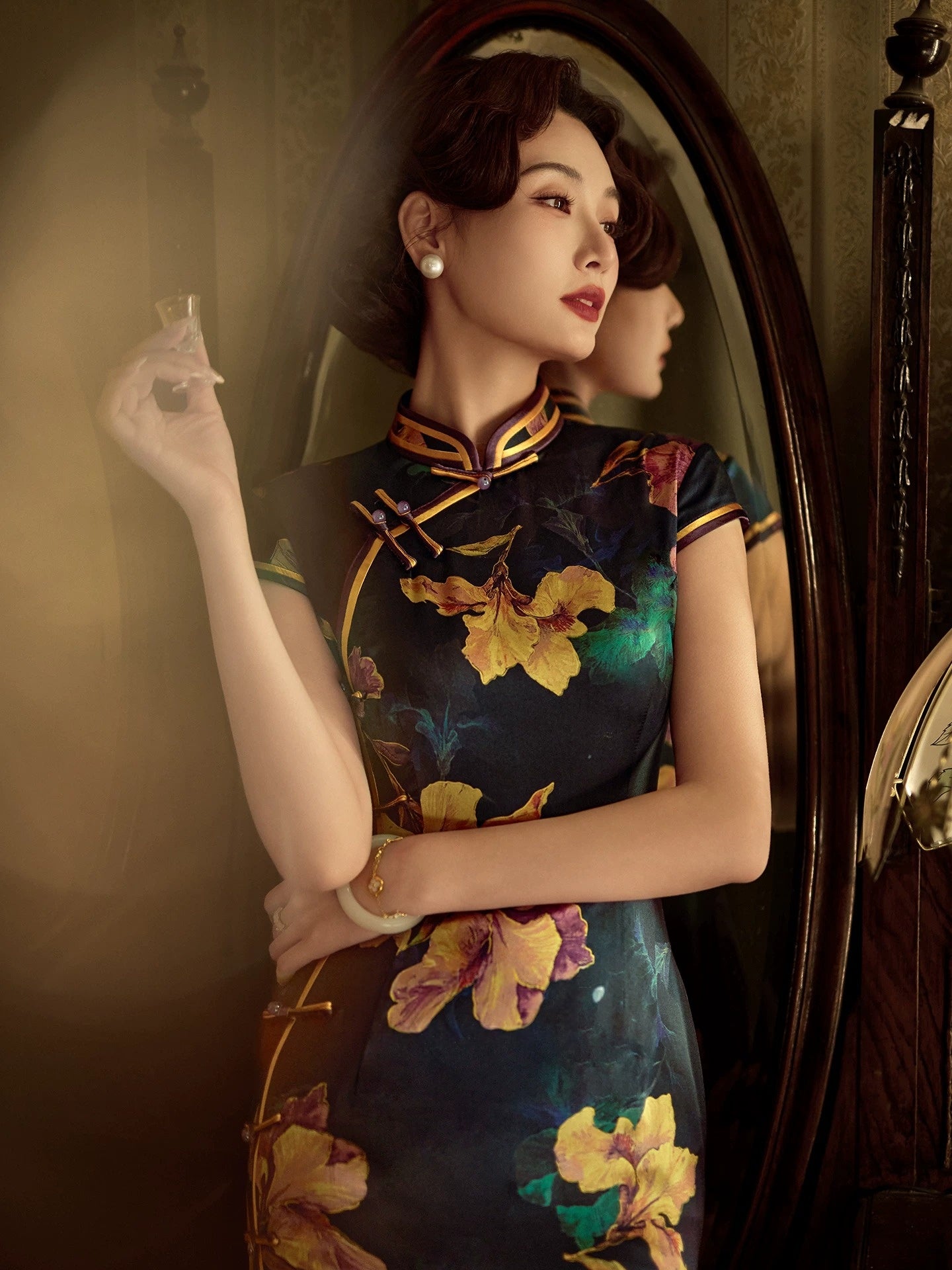 Elegant dark silk cheongsam dress gold floral embroidery qipao with mandarin collar for women side view
