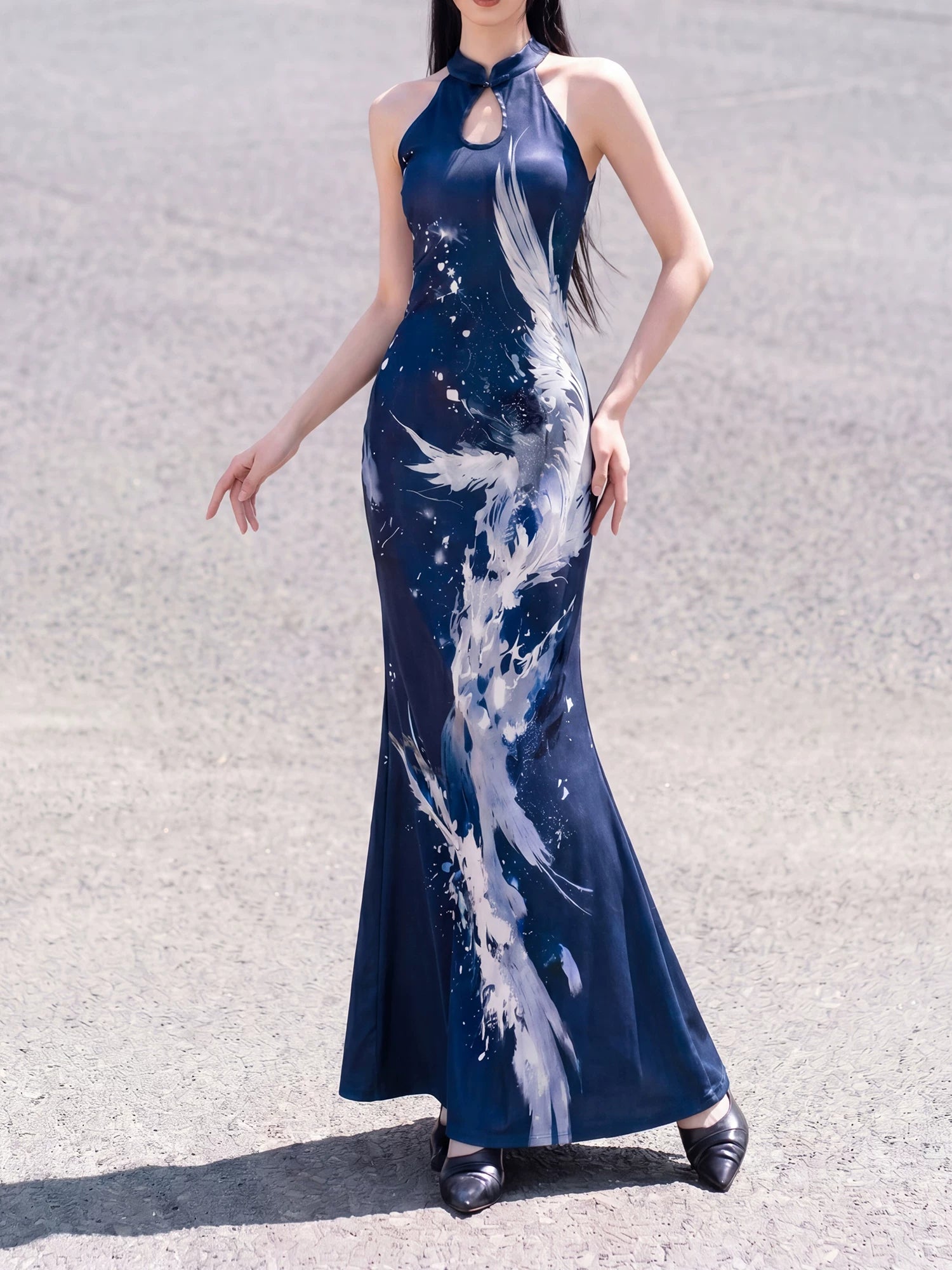 Deep Sea Phoenix Feather Qipao Knit Dress | Off-Shoulder | SL | Yandan Hanfu Deep Sea Phoenix Feather Qipao Knit Dress | Off-Shoulder | SL | Yandan Hanfu