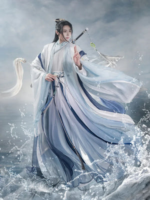 Elegant eight immortals crossing the sea song hanfu blue and white men traditional wear for men side view