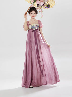 Elegant entering the curtain spring national style dress embroidered long dress with bubble sleeves for early spring side view

