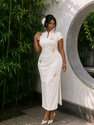 Elegant garden style plus size cheongsam white jacquard short sleeve slim midi qipao dress with mandarin collar and side slit for curvy women fabric detail