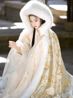 Elegant gold winter fur cape hanfu cloak thick warm festive outerwear for women winter side view