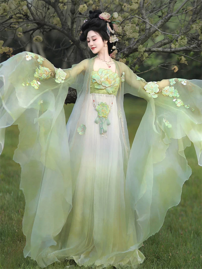 Elegant hanfu dress set red white gradient wide sleeve robe 3d floral embroidery in 2 colors for women side view