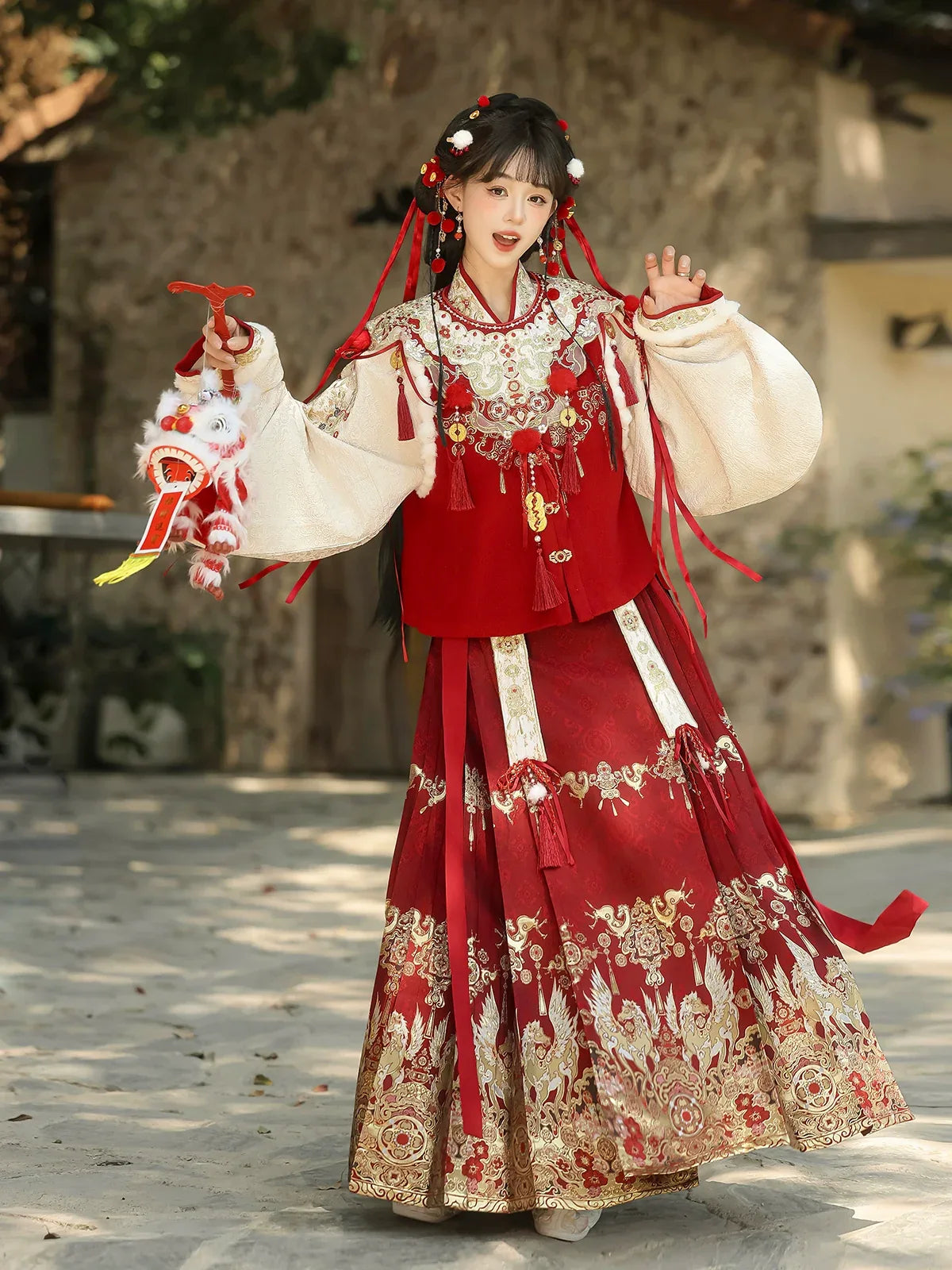 Elegant heavenly steed blessing new year hanfu set inspired winter dress auspicious outfit for festive celebrations side view