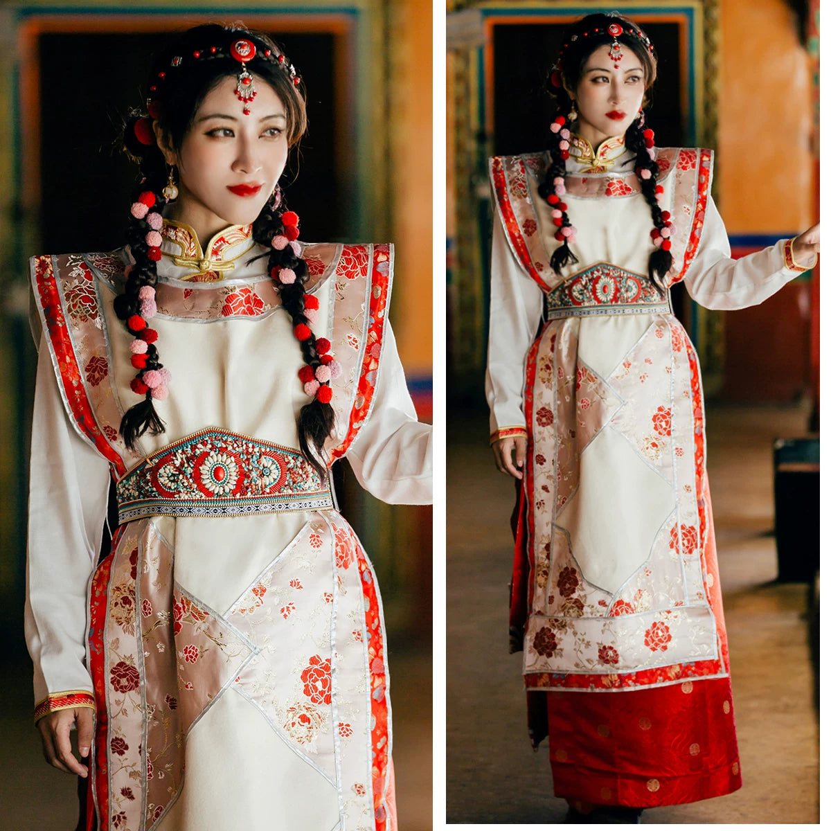  Elegant hibiscus xizang red tibetan vest noble princess style ethnic clothing for women side view


