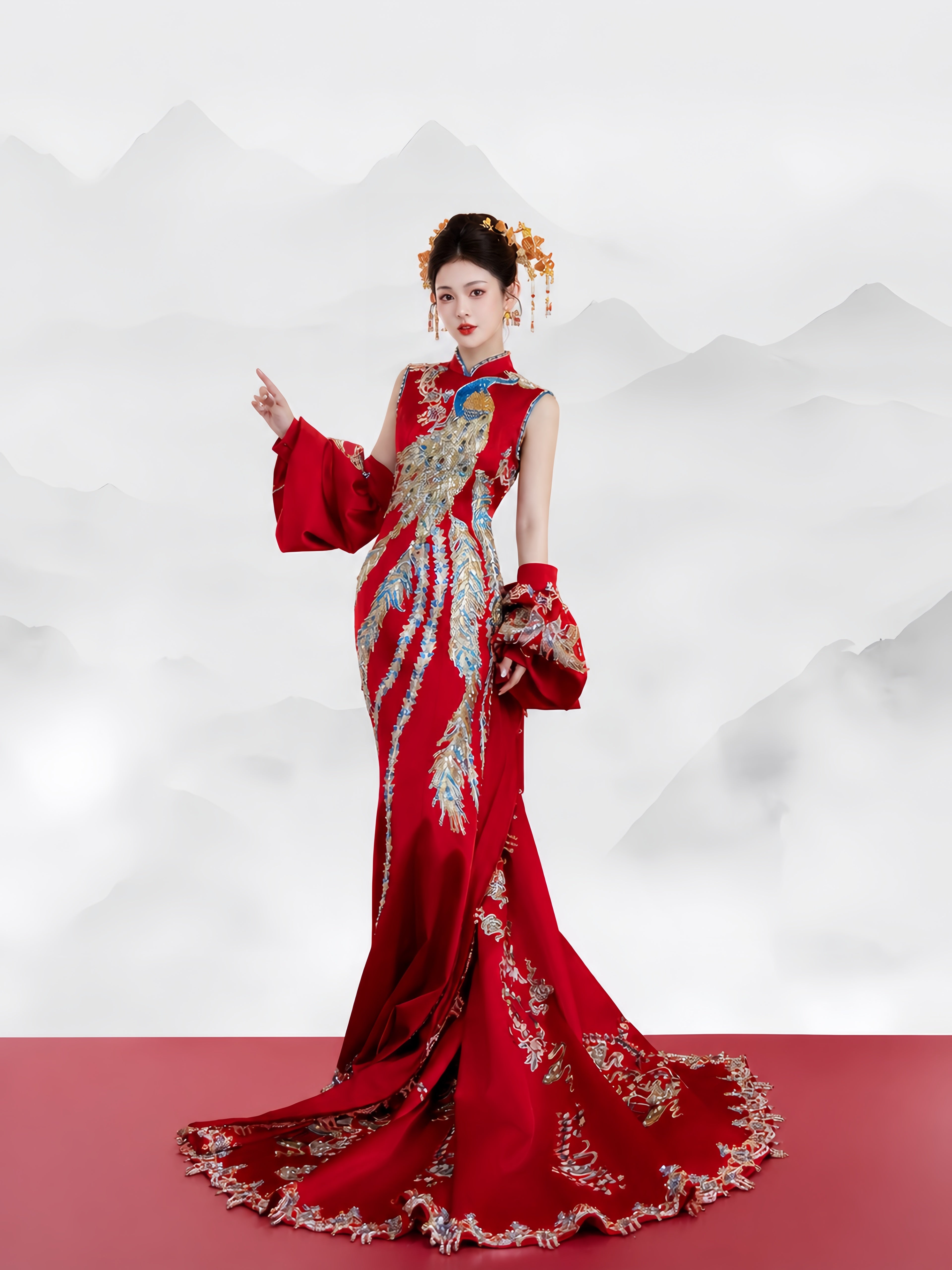 Elegant high end bridal cheongsam thin engagement toasting clothes with trailing xiuhe style slim dragon phoenix jacket return dress side view