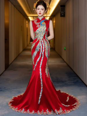 Elegant high end bridal cheongsam thin engagement toasting clothes with trailing xiuhe style slim dragon phoenix jacket return dress side view