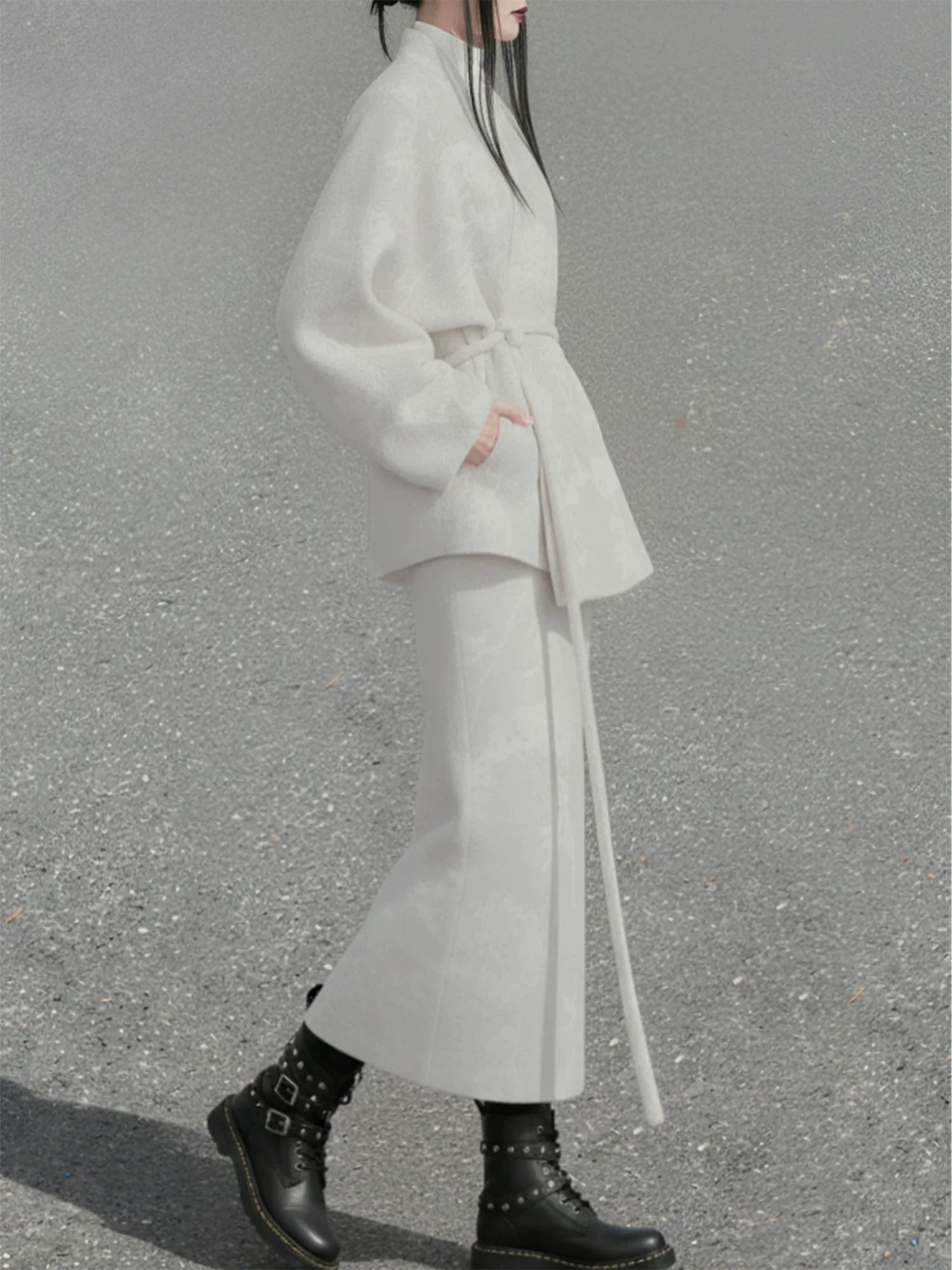 Elegant hydrangea ivory new chinese set wool cross collar jacket with straight skirt soft elegant outfit side view