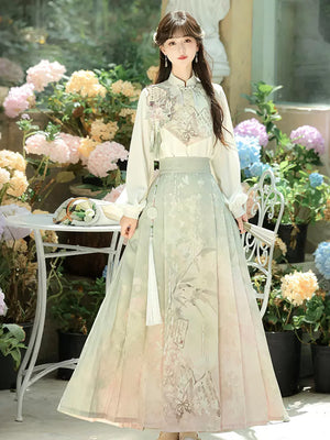 Elegant improved daily hanfu set new chinese stand collar top with traditional horse skirt han element suit for women side view

