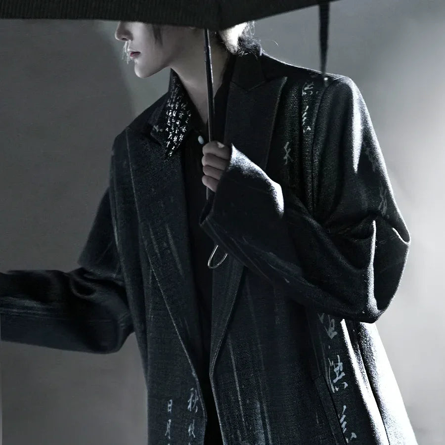 Elegant ink rhythm new chinese wool coat set unisex calligraphy inspired ink wash design for daily wear side view