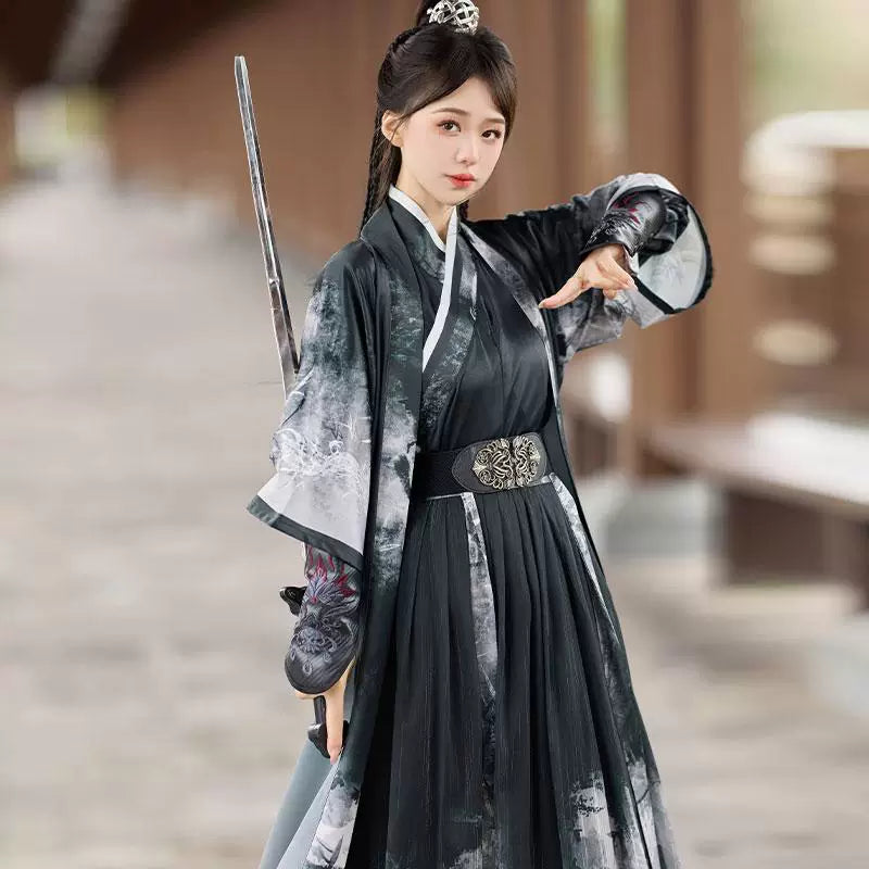  Elegant ink wash hanfu set dark green and white swordwoman robe traditional chinese martial arts costume for women side view