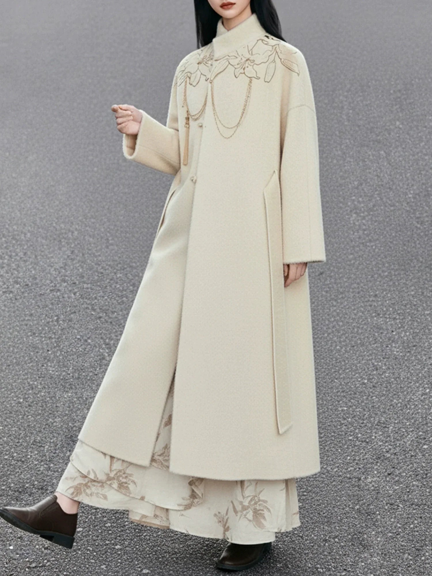 Elegant lily whisper white long coat ivory embroidered warm high neck everyday elegance outerwear for women side view