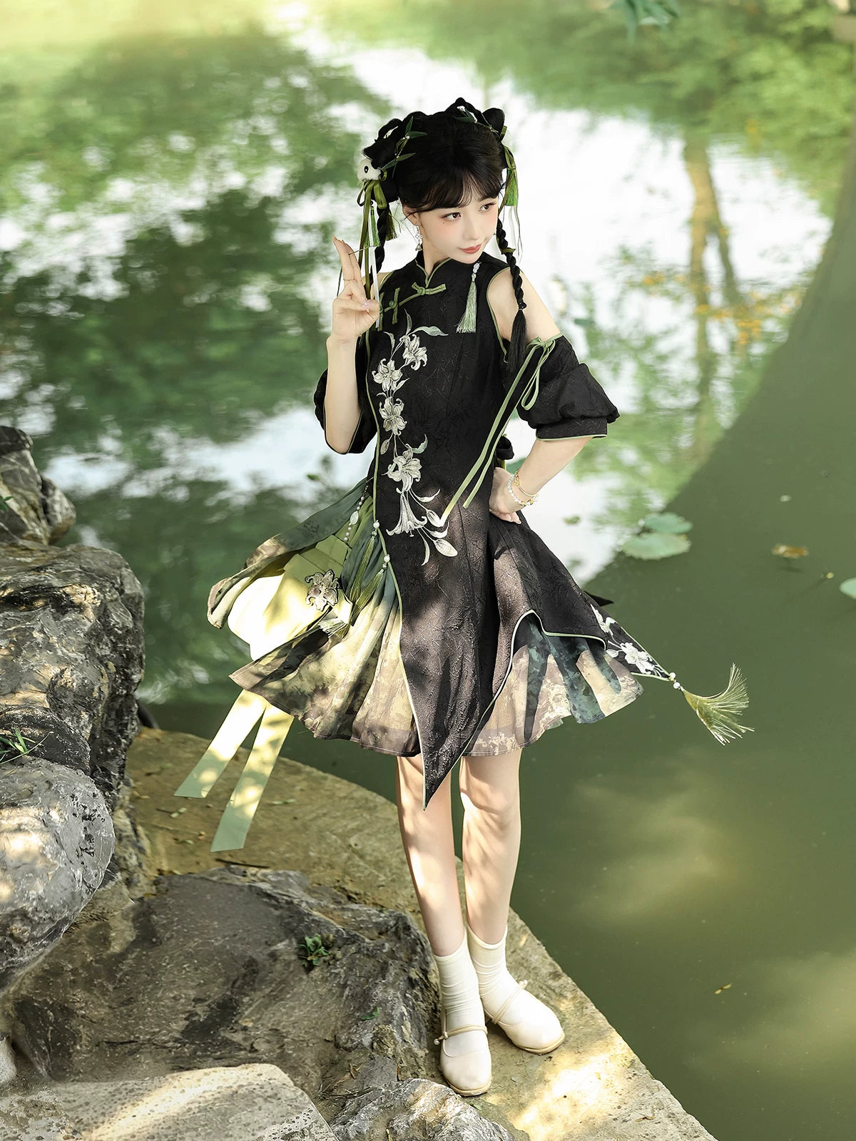 Elegant lolita hanfu set dark green plum blossom embroidered top with tulle puff skirt and tassel belt gothic vintage style for women side view
