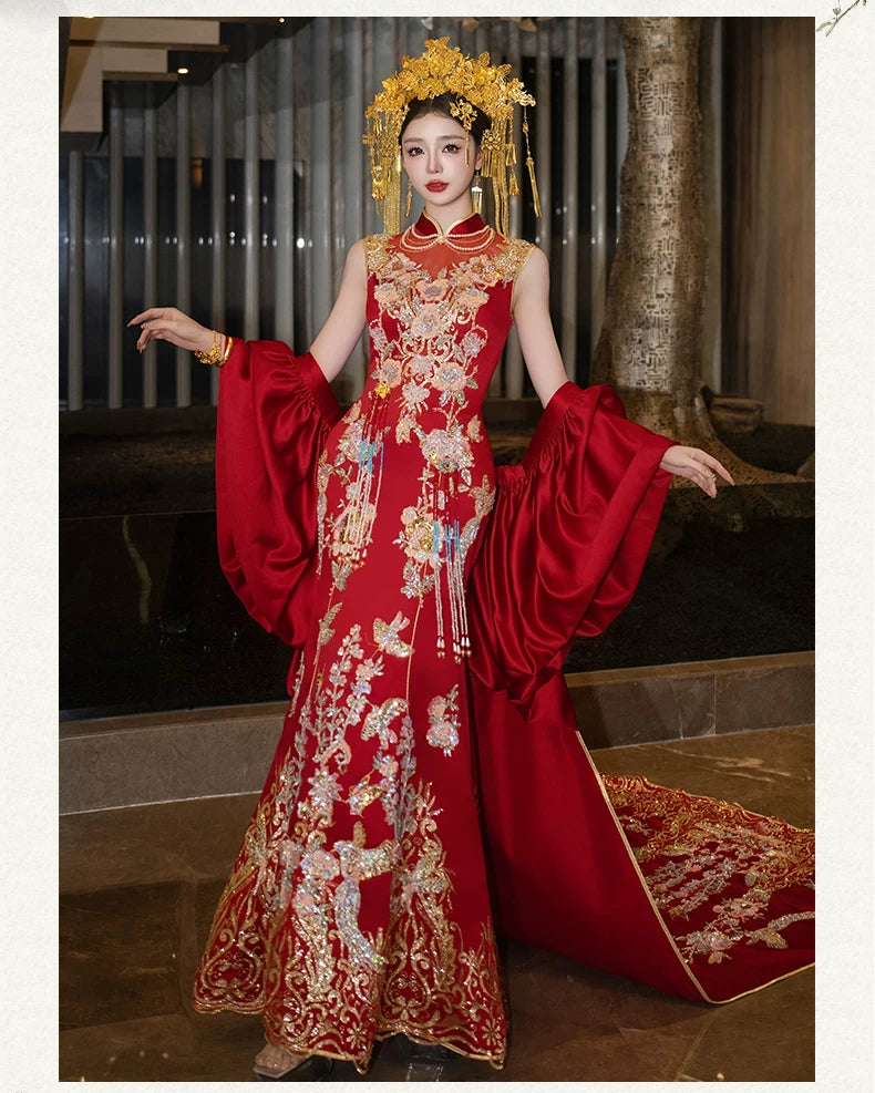 Luxury trailing cheongsam show bridal wedding shawl engagement dress - Cheongsam+Shawl / M Luxury trailing cheongsam show bridal wedding shawl engagement dress - Cheongsam+Shawl / M
