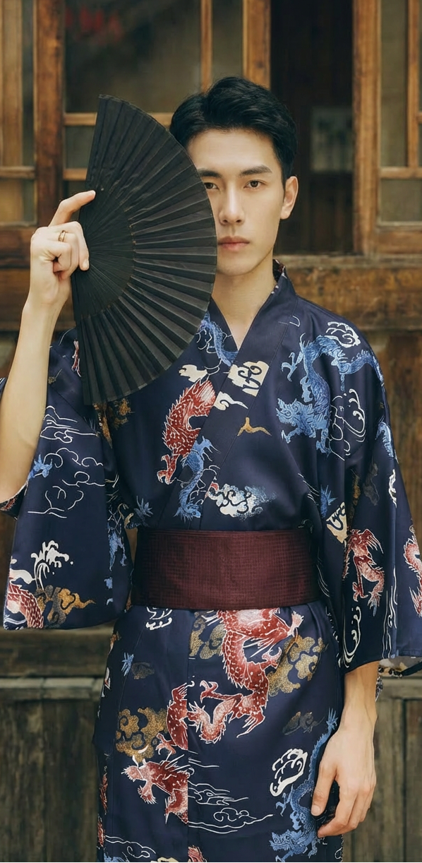 Elegant men black white wave print kimono traditional japanese yukata long sleeve robe for men side view
