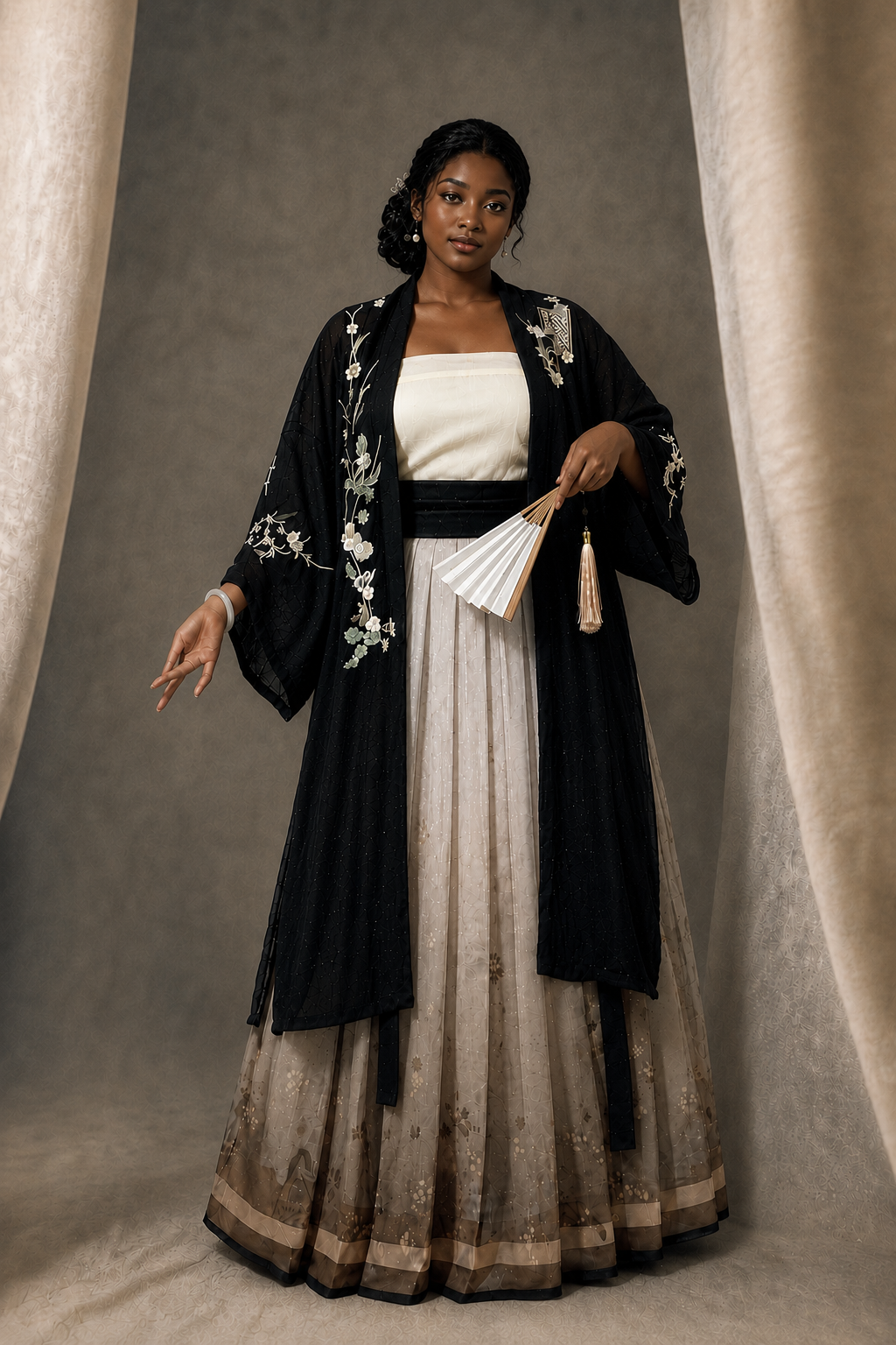 Elegant modern hanfu black white floral embroidered wide sleeve robe with white tube top and gold trim mamian skirt luxury chinese style for women side view