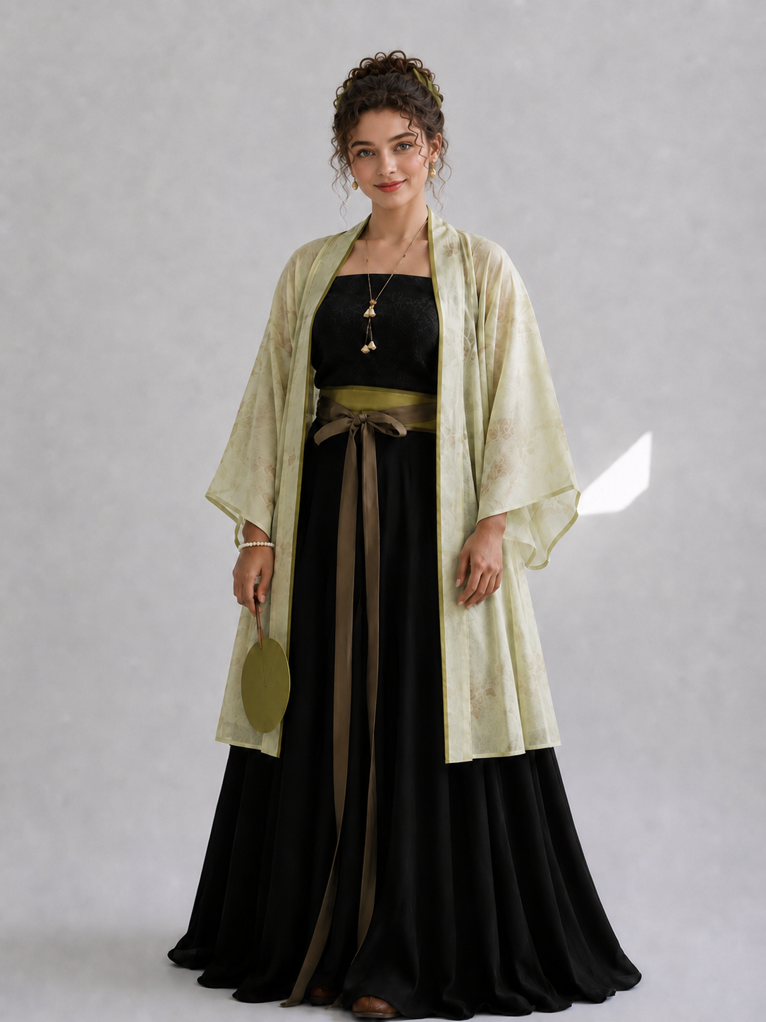 Elegant modern hanfu cream white song dynasty cardigan with black top song style pants and rust belt daily commute for women side view