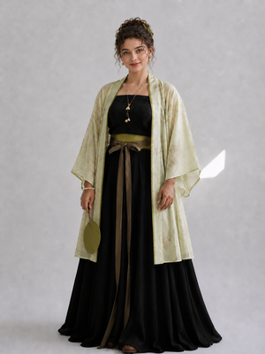 Elegant modern hanfu cream white song dynasty cardigan with black top song style pants and rust belt daily commute for women side view