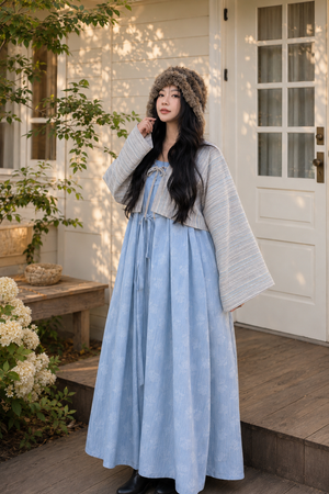 Elegant modern hanfu dress light blue fringe shoulder slip maxi dress with knit cardigan casual lazy style for women side view