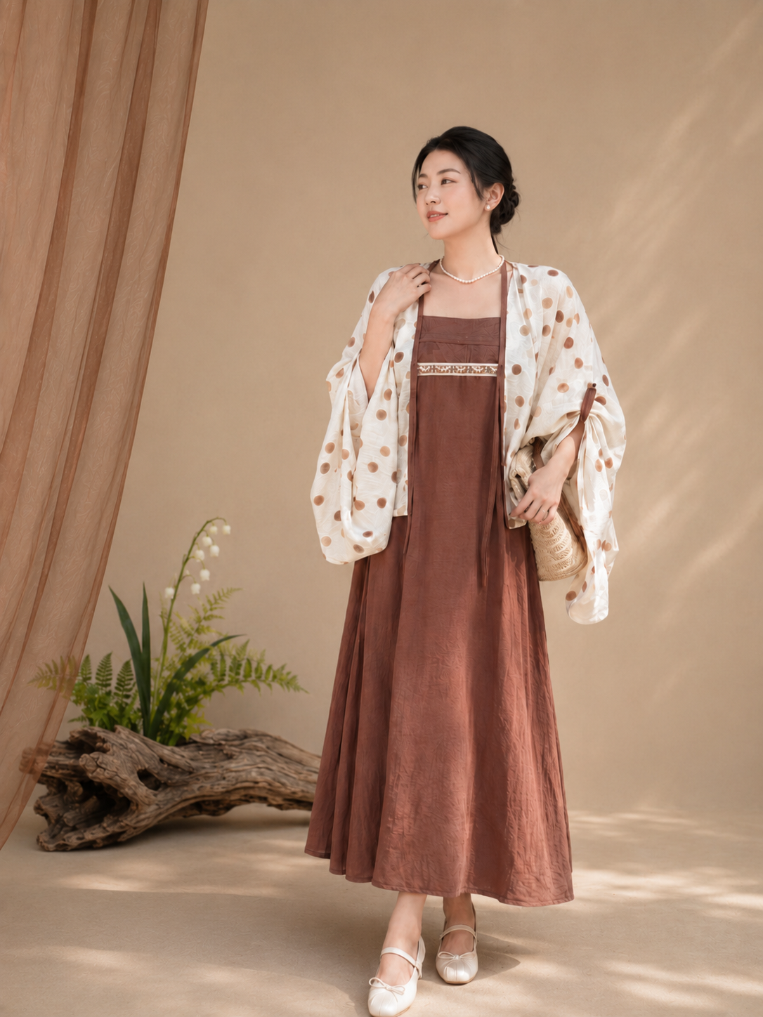 Elegant modern hanfu set ivory polka dot wide sleeve cardigan robe with brown slip midi dress vintage casual chinese style for women side view