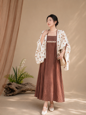 Elegant modern hanfu set ivory polka dot wide sleeve cardigan robe with brown slip midi dress vintage casual chinese style for women side view