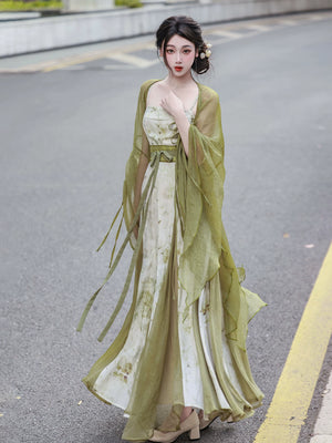 Elegant modern hanfu set matcha green wide sleeve sheer robe with white floral slip maxi dress elegant fairy street style for women side view