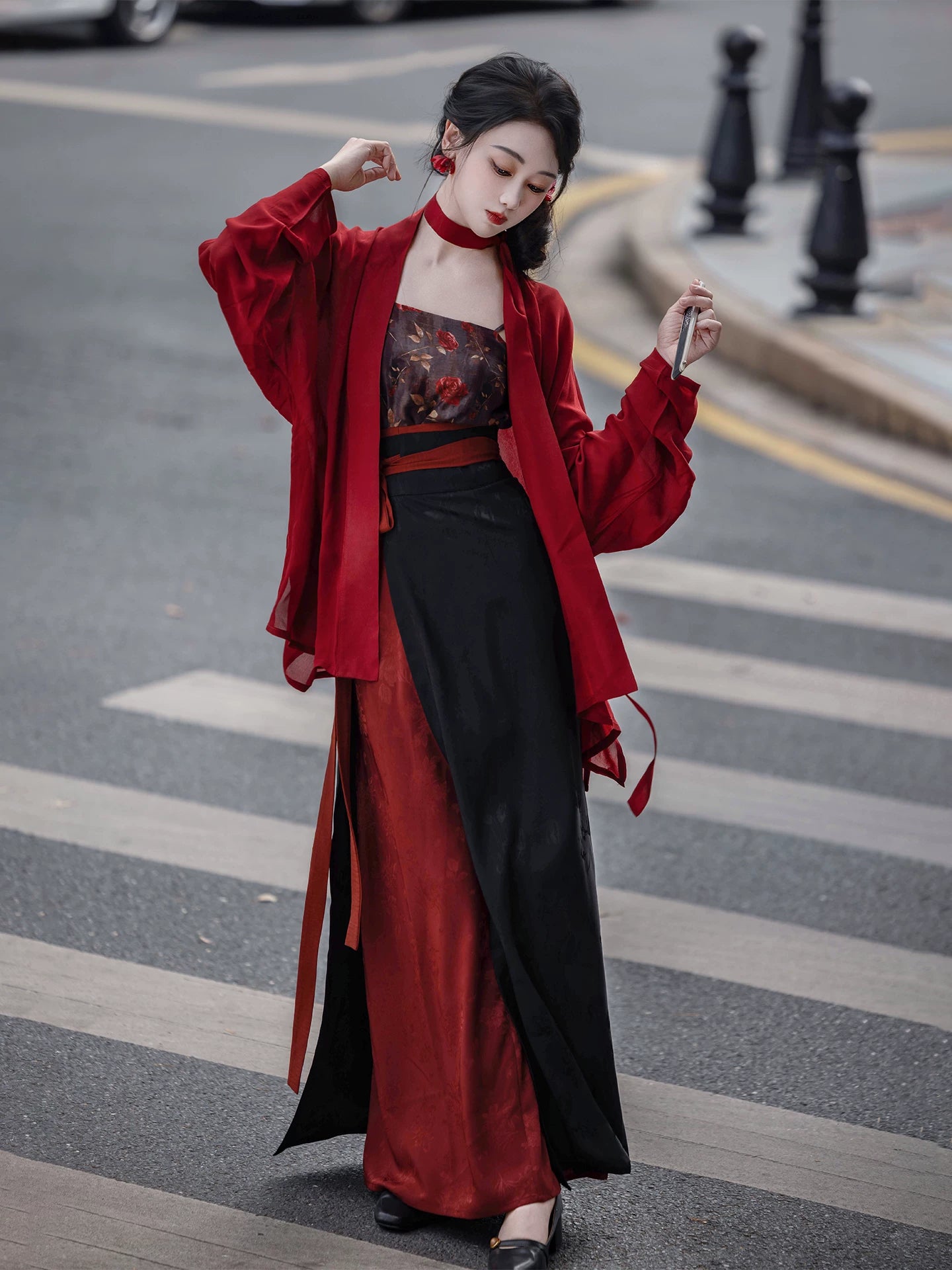 Elegant modern hanfu set red wide sleeve cardigan robe with black lace slip maxi dress dark gothic streetwear chinese style for women side view