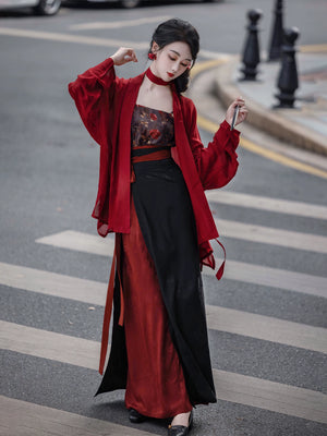 Elegant modern hanfu set red wide sleeve cardigan robe with black lace slip maxi dress dark gothic streetwear chinese style for women side view