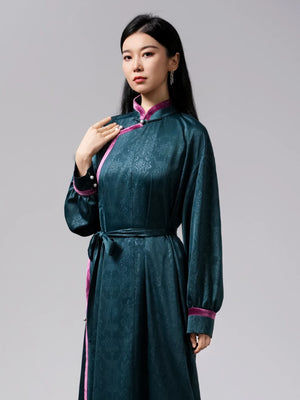 Elegant mongolian ethnic style summer long dress traditional middle aged mother formal robe for banquet and wedding events side view