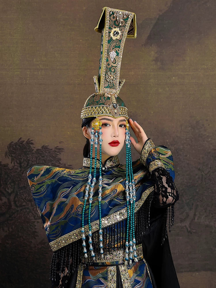 Elegant mongolian women green heavy hat fringed inner mongolia ethnic dance performance and daily catwalk hat side view