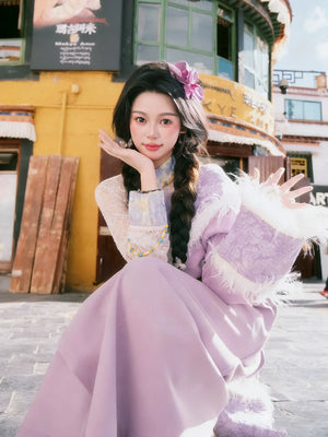 Elegant moonstone pink tibetan style dress inspired design for scenic travel portraits and vacation photos side view