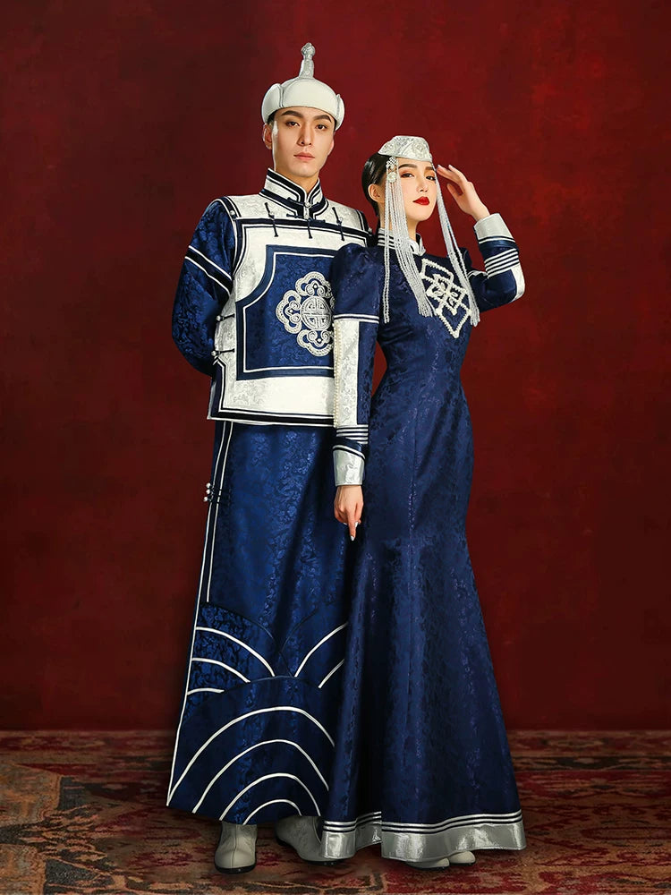 Navy blue ethnic mongolian wedding couple robe bride toast dress with flowing fishtail skirt for ceremony back view
