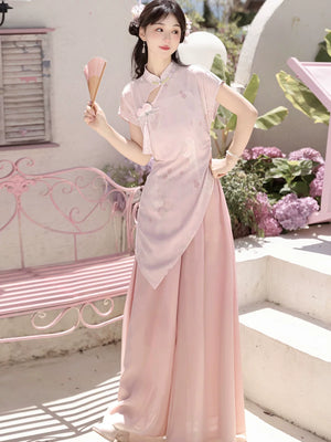 Elegant new chinese improved cheongsam set summer retro pink wide leg pants two piece dress for women side view