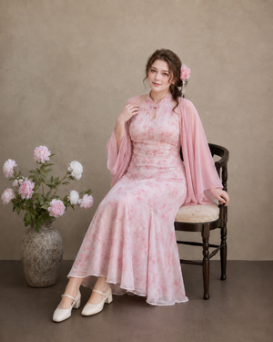 Elegant new chinese style plus size cheongsam pink cherry blossom floral cape qipao dress summer for curvy women floral detail