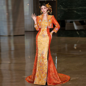 Elegant orange trailing cheongsam xiuhe bridal gown chinese wedding dress national style temperament toasting dress for wedding side view