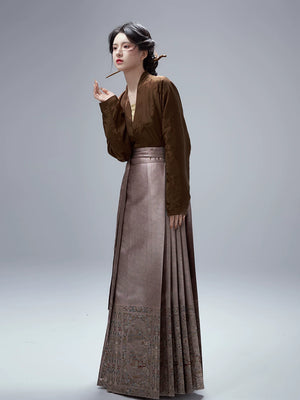 Elegant original ming dynasty hanfu set song jin dark jacquard plane sleeve with imitation flower horse dress for women side view