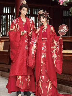 Elegant original song dynasty hanfu set trailing large sleeved shirt atmospheric toasting wedding clothes for bride and groom side view