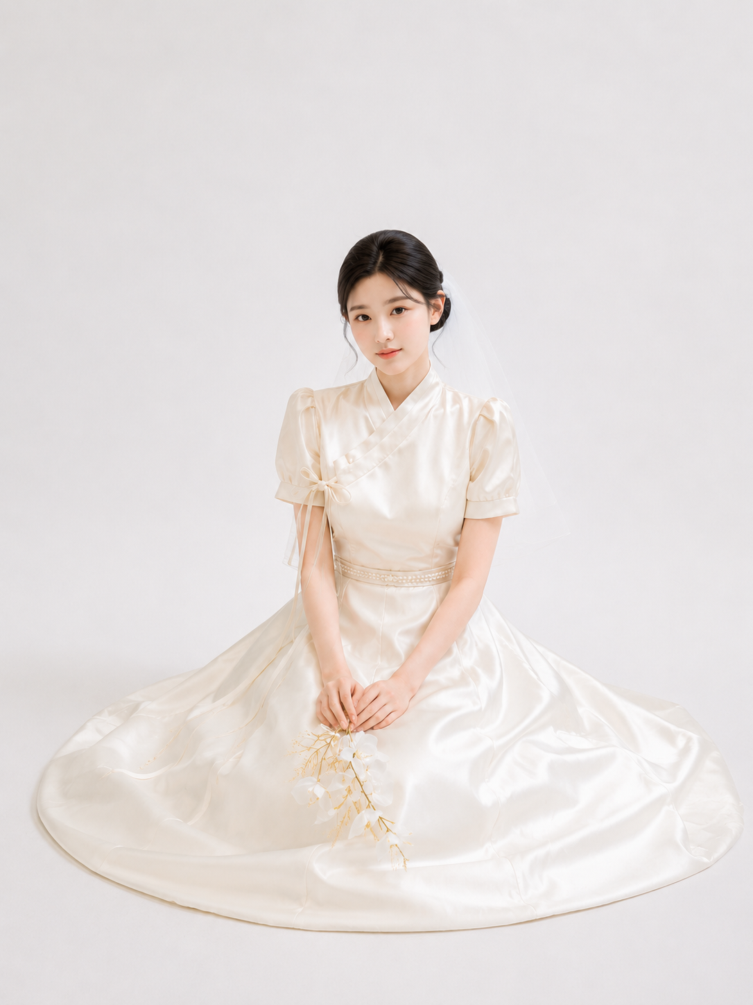 Elegant Pearl Satin Bridal Modern Hanbok Gown | Women's White Hanbok Wedding Dress for Wedding Bride

