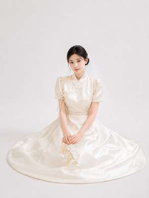 Elegant Pearl Satin Bridal Modern Hanbok Gown | Women's White Hanbok Wedding Dress for Wedding Bride

