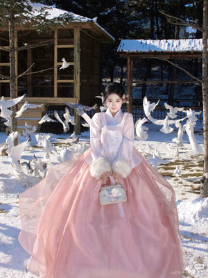 Elegant pink hanbok ensemble full skirt and vibrant colors for portraits