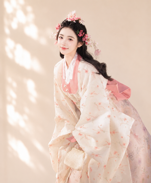 Elegant pink princess korean hanbok dress flowing wide sleeve court style for women side view