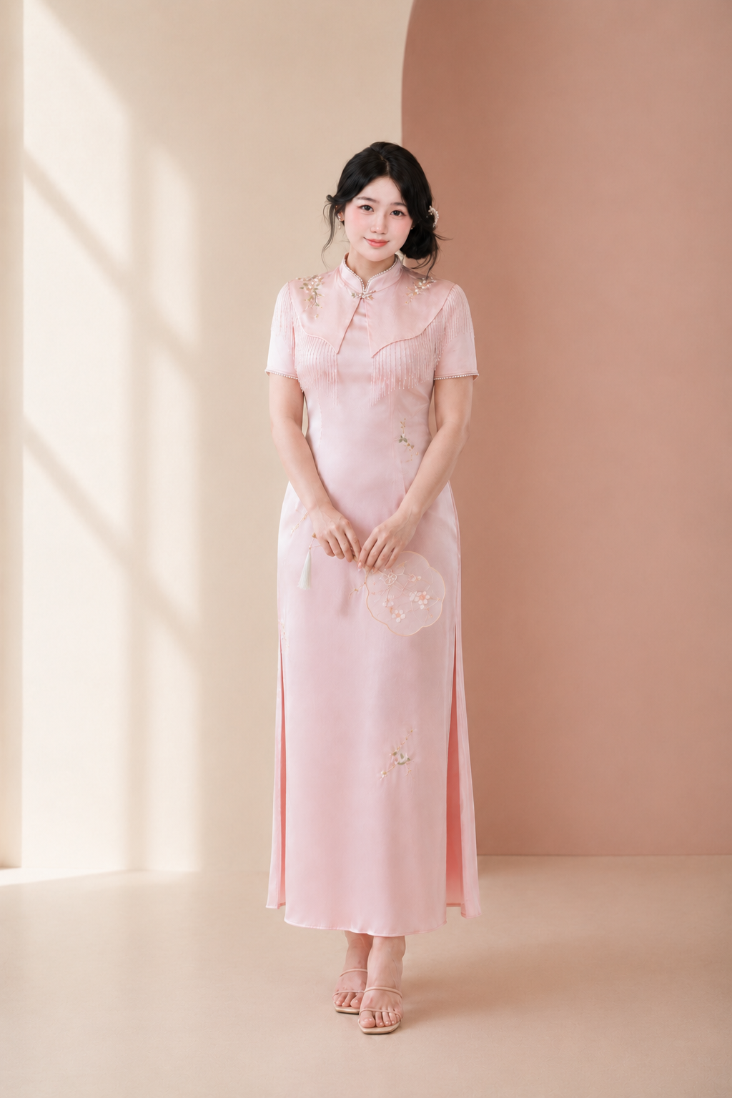Elegant plus size blush pink cheongsam qipao puff sleeve mandarin collar midi dress modern new chinese style for curvy women side view