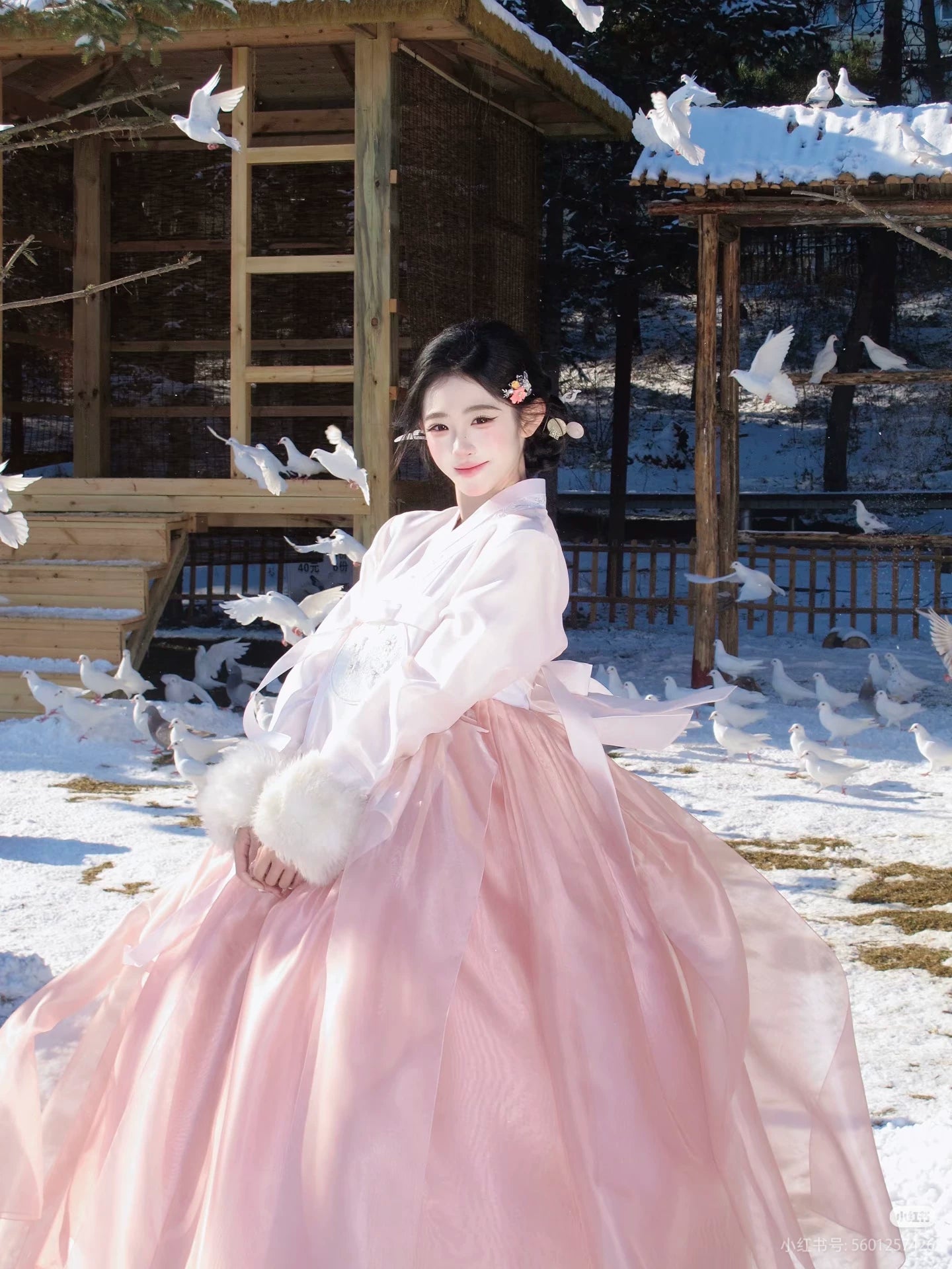 Elegant portrait hanbok pink full skirt with vibrant colors