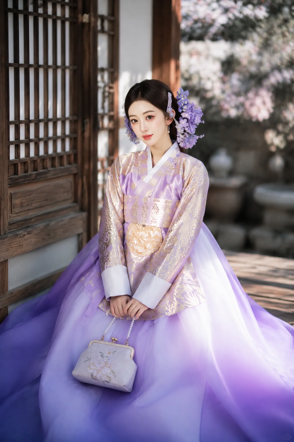  Elegant purple mist floral hanbok gilded jacquard top with ombre tulle skirt for outdoor photography side view