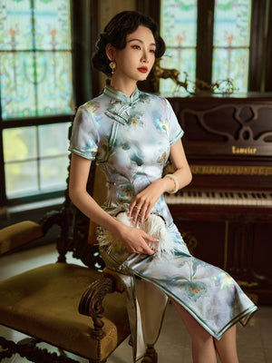  Elegant sage blue silk cheongsam dress ink floral print long qipao with mandarin collar for women side view