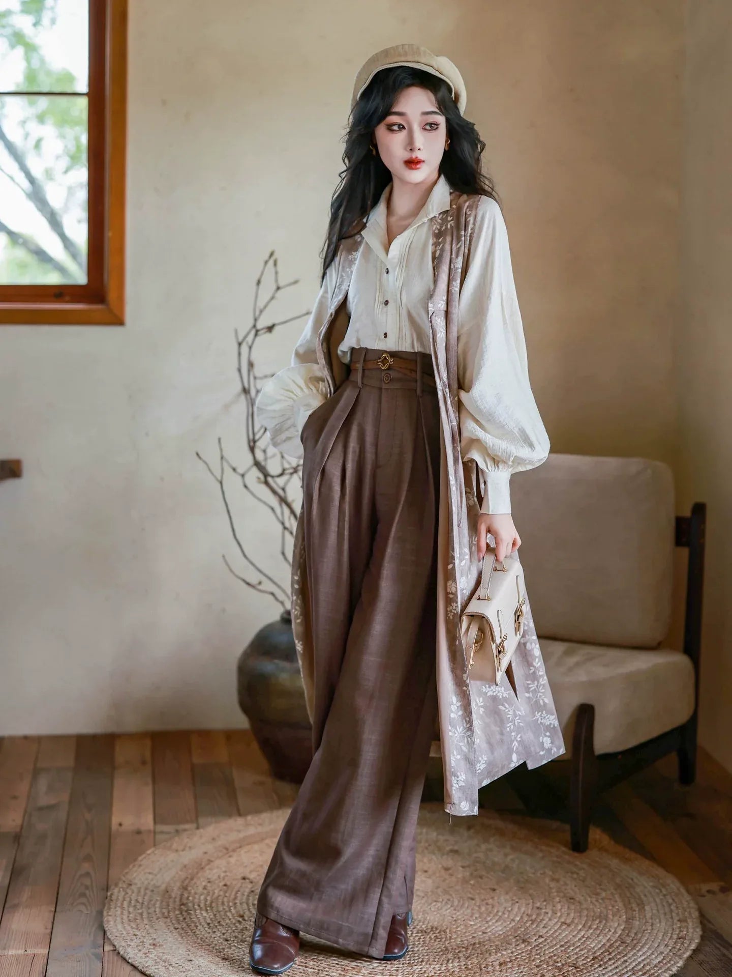 Elegant seventy two haze new chinese set blouse with high waisted trousers south of france holiday style side view