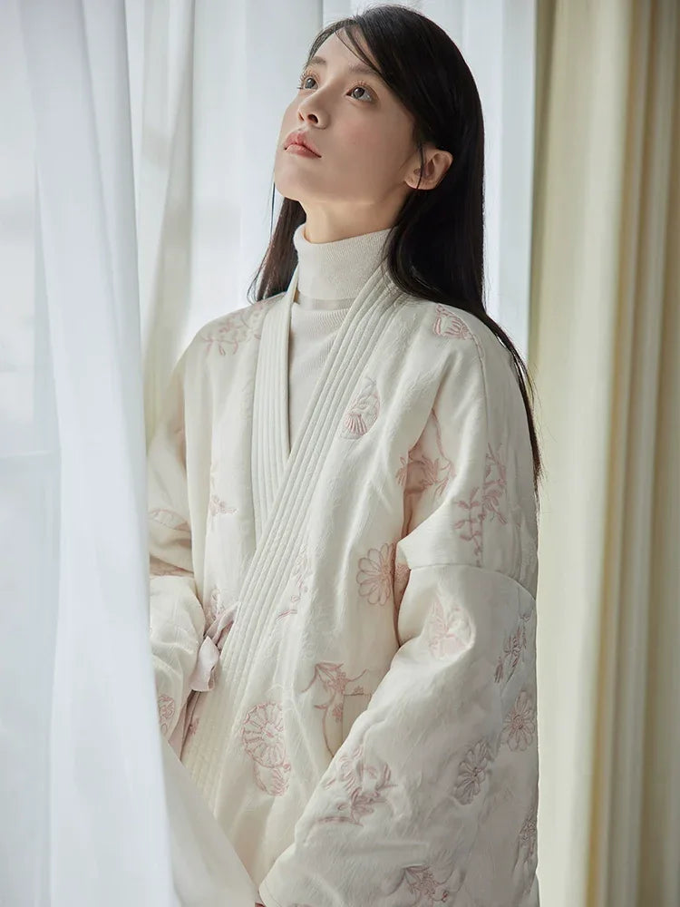 Elegant snowseeker new chinese winter set tang inspired long hanfu robe with song style pants for women side view