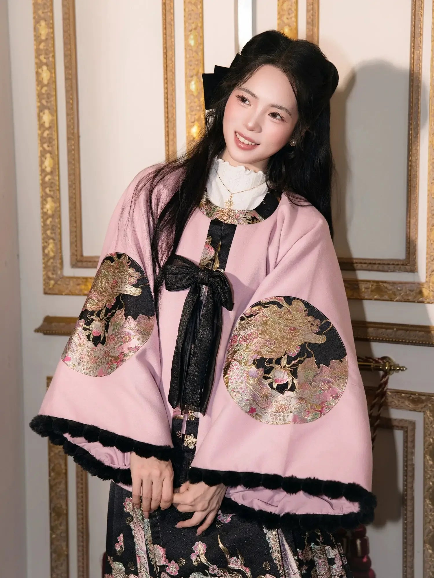  Elegant spring mountain dragon new chinese hanfu brocade ma mian skirt embroidered cape floral gold weave set side view

