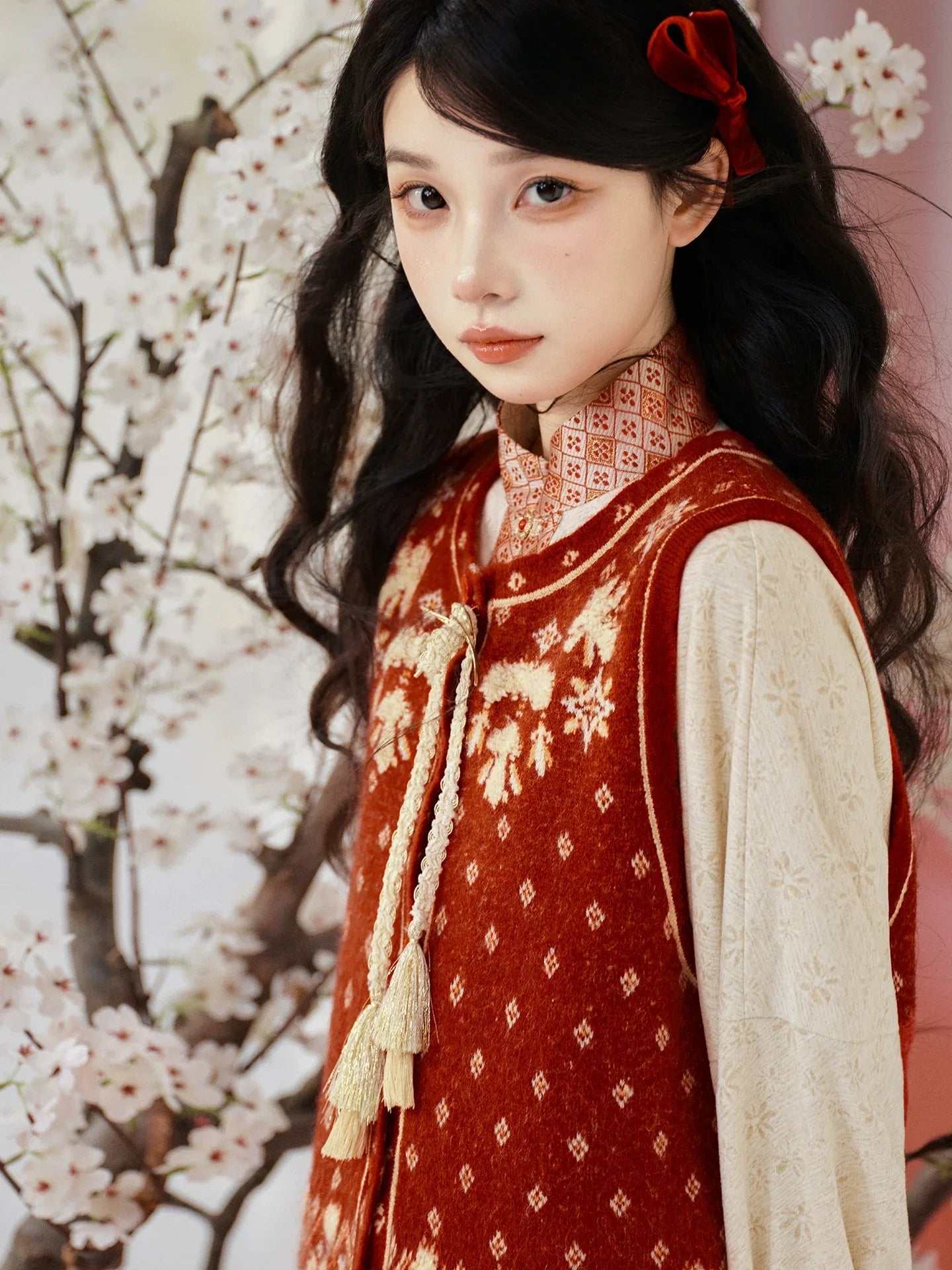 Elegant suian winter hanfu set knit bijia vest bow sleeve top and flowy skirt for cold season side view